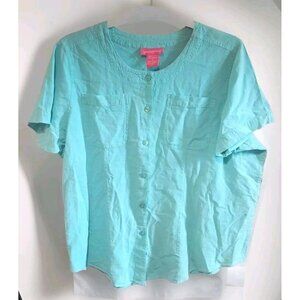 Woman Within Department 30 1X 100% Cotton Aqua Button Up Short Sleeve